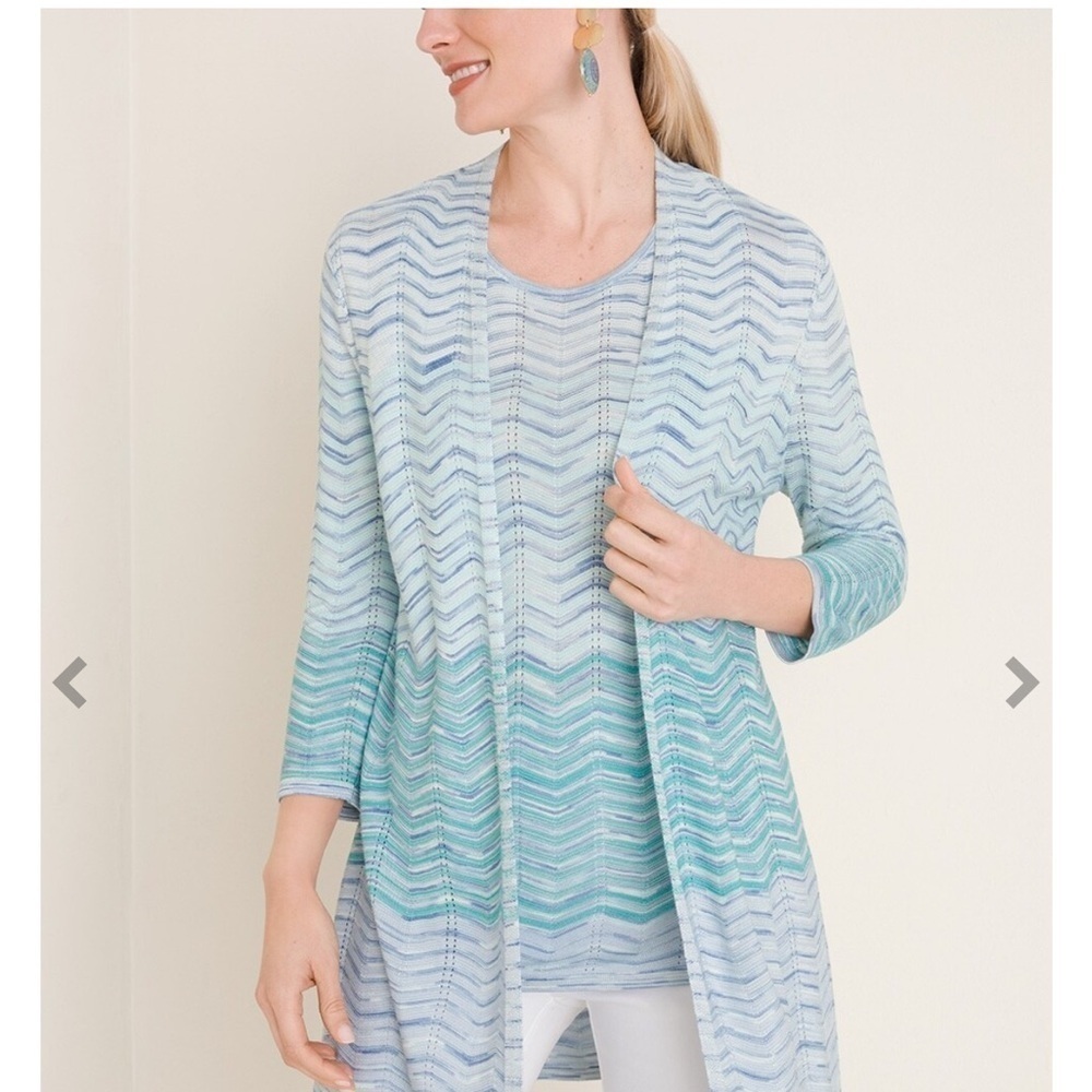 Chicos Sweater Set Cardigan Open Front + Tank Stripe LS Pattern Blue Multi Sz 4